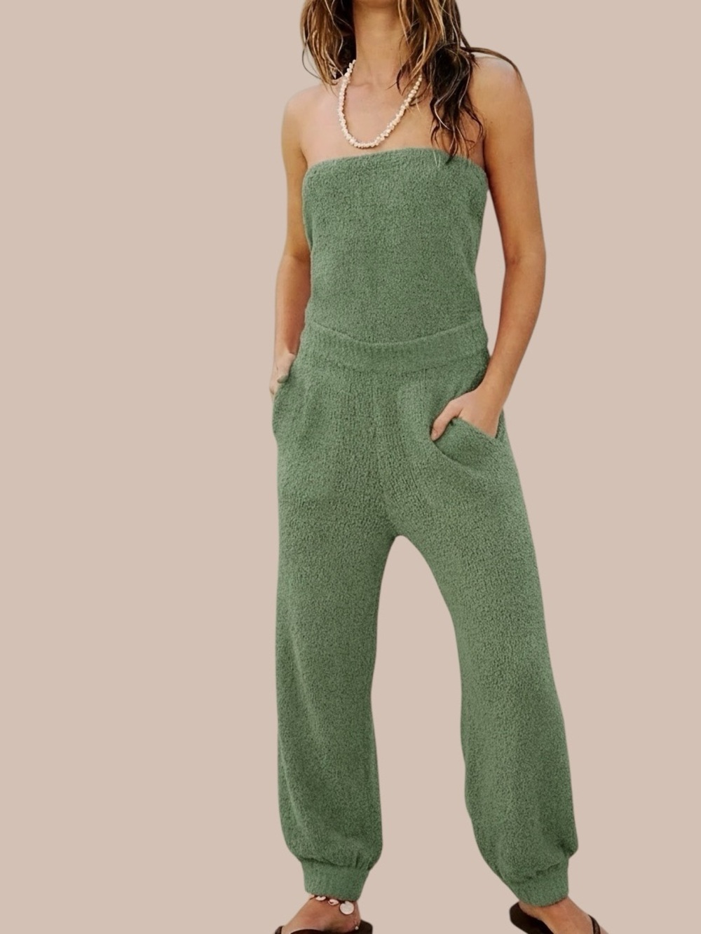 Free People Green Beach Claire Strapless Terry Jumpsuit Size Large Coastal Boho